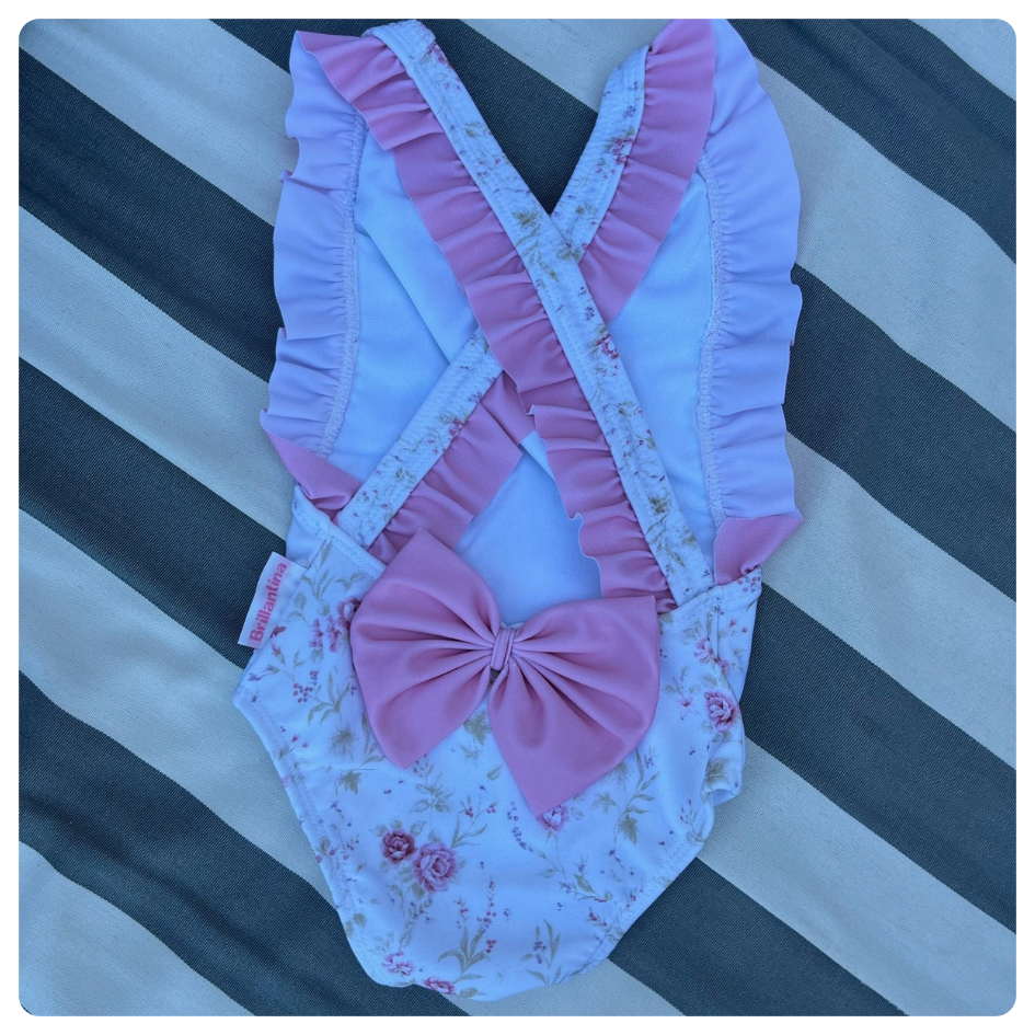 Traje de baño Brillantina rositas volados rosados