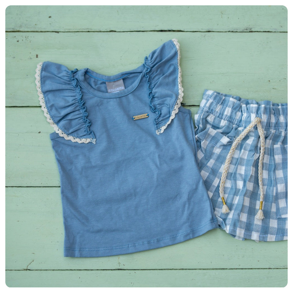 Remera algodón azul piedra con voladitos