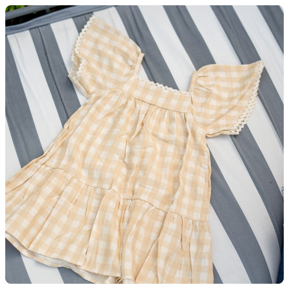 Vestido lino cuadritos beige