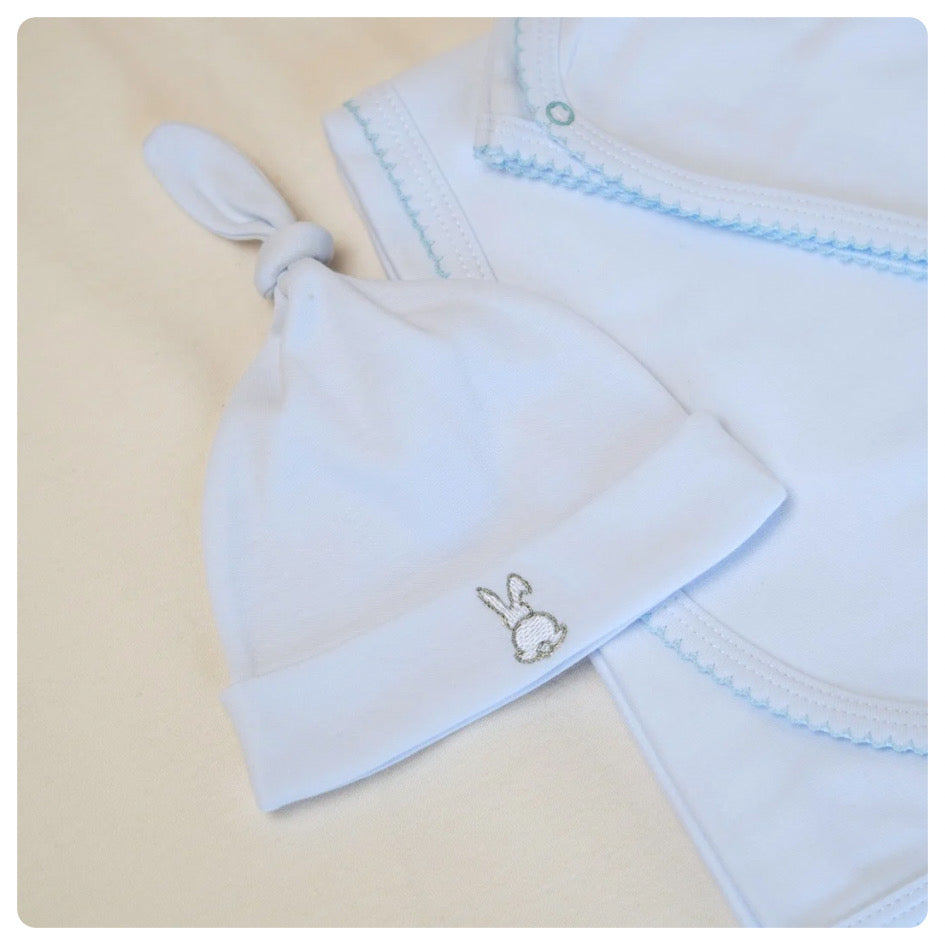 Conjunto algodón orgánico blanco picot celeste 4 piezas