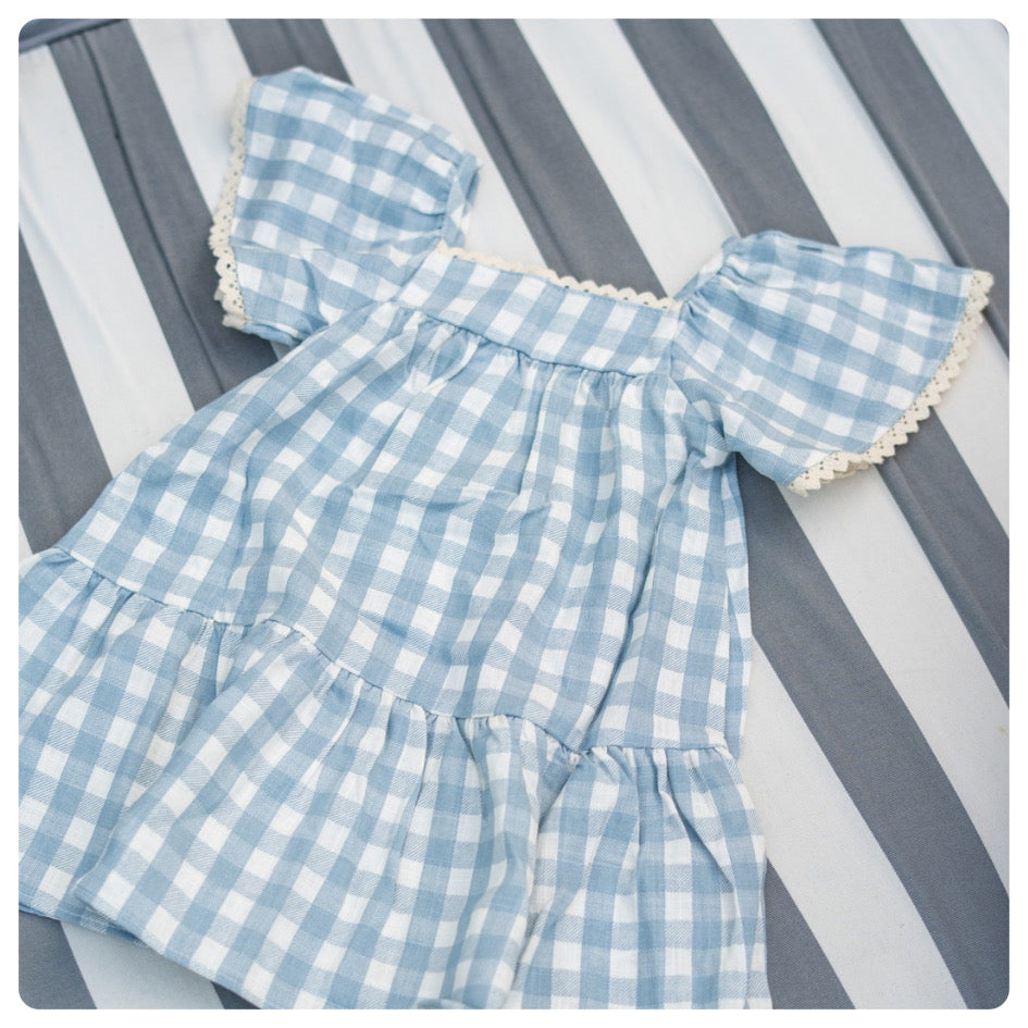 Vestido lino cuadritos azul claro