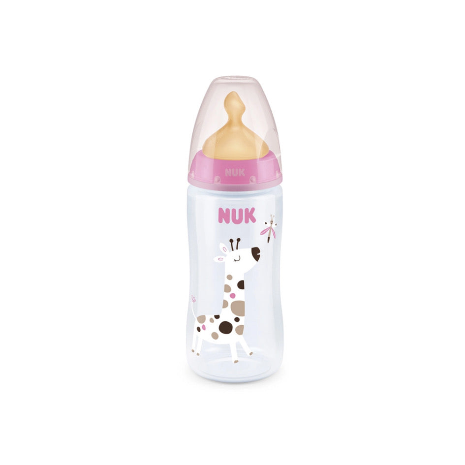 Mamadera 300ml First Choice con control de temperatura rosada - látex o silicona