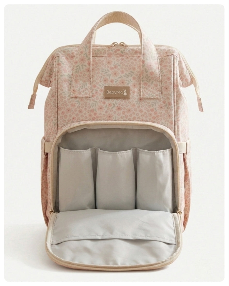 Mochila maternal flores rosadas