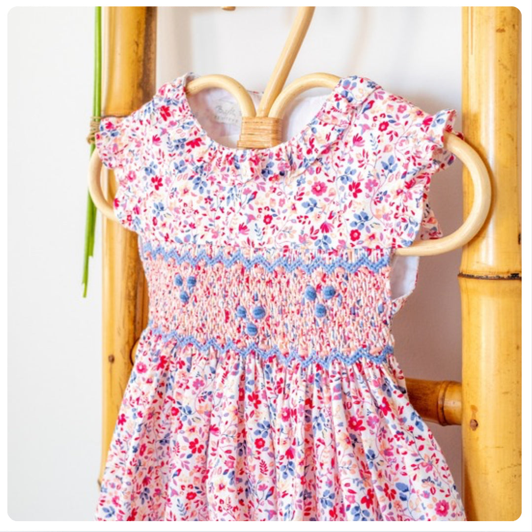 Vestido Smock flores fucsia y azul