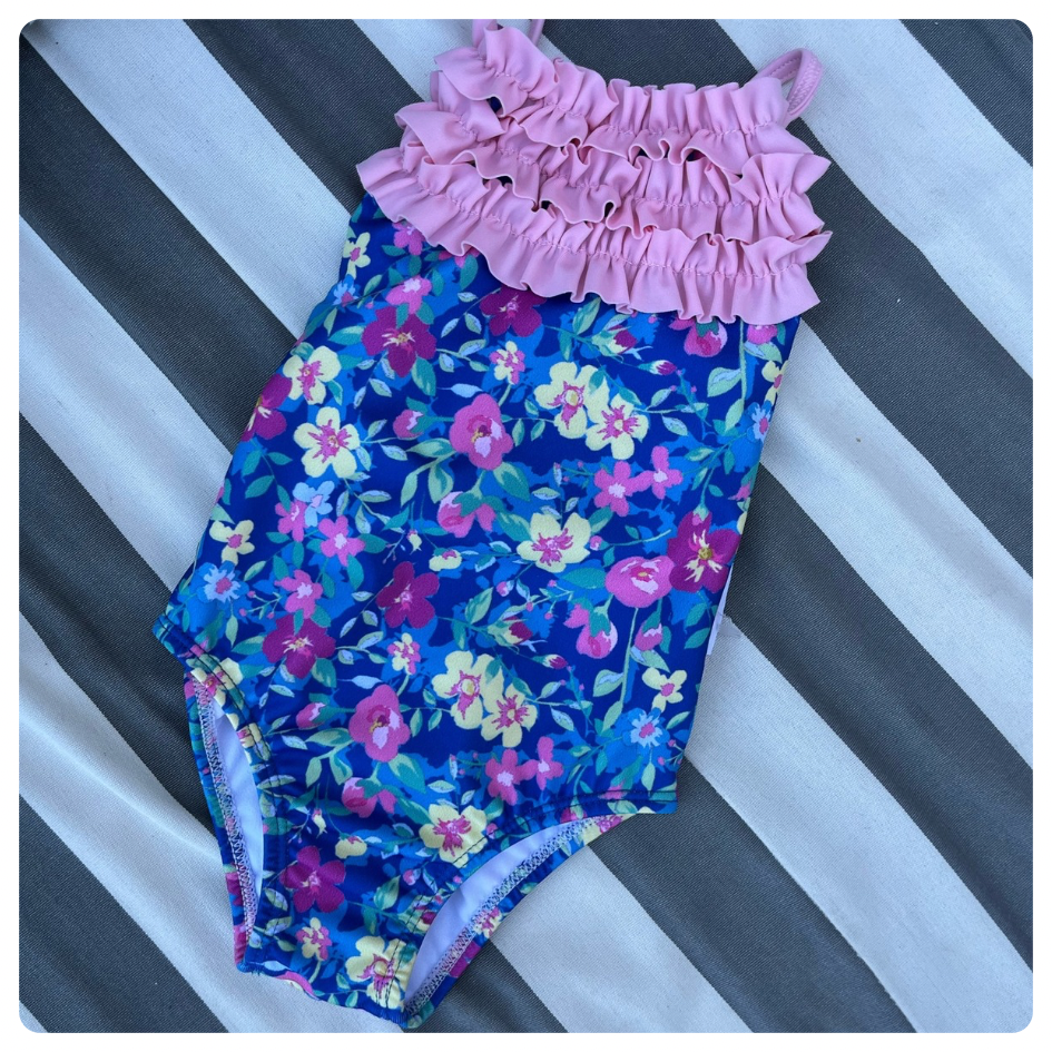 Traje de baño Brillantina azul flores de colores