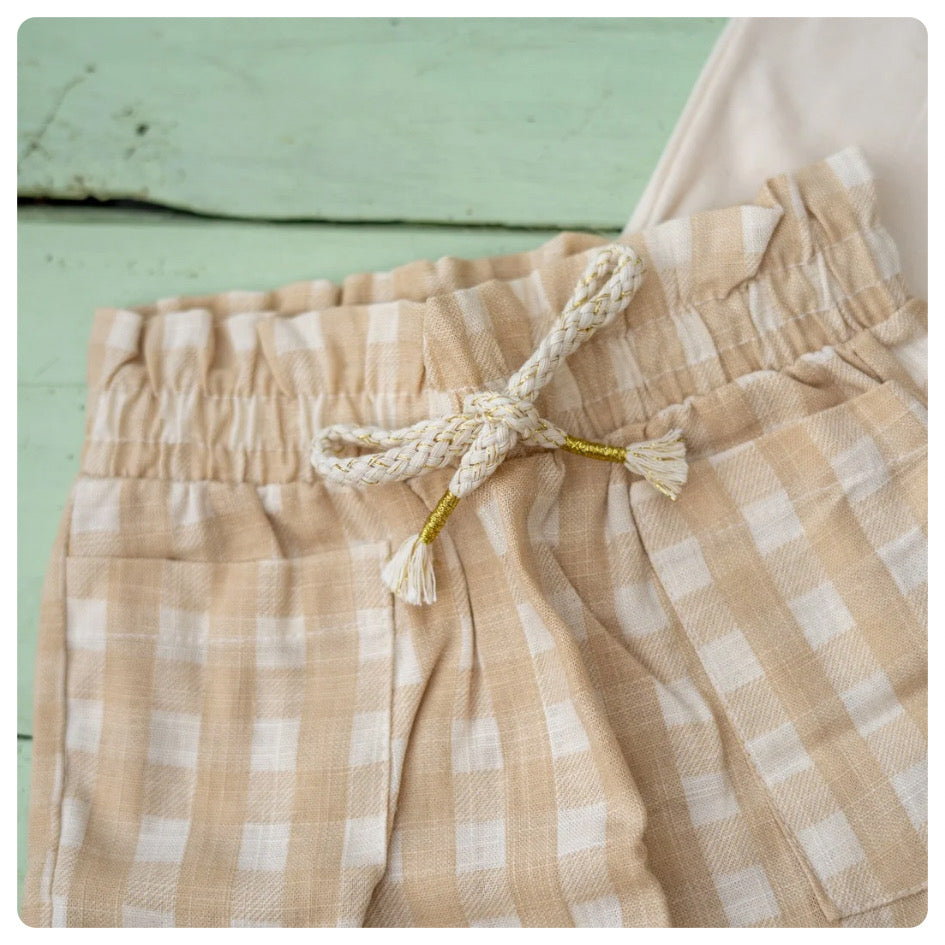 Short lino cuadros beige