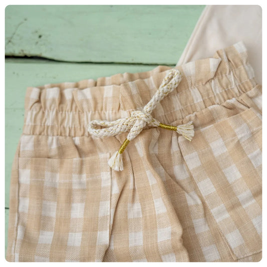 Short lino cuadros beige