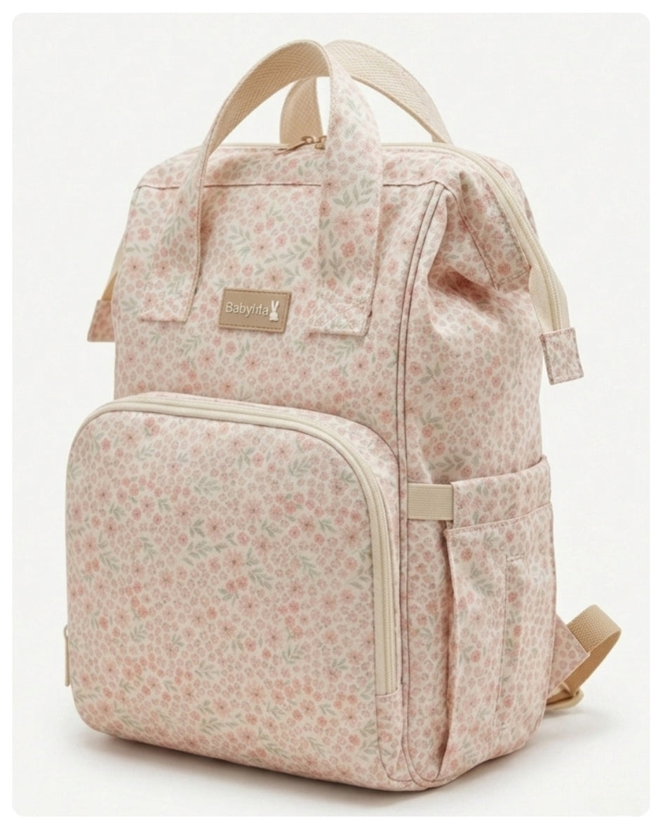 Mochila maternal flores rosadas