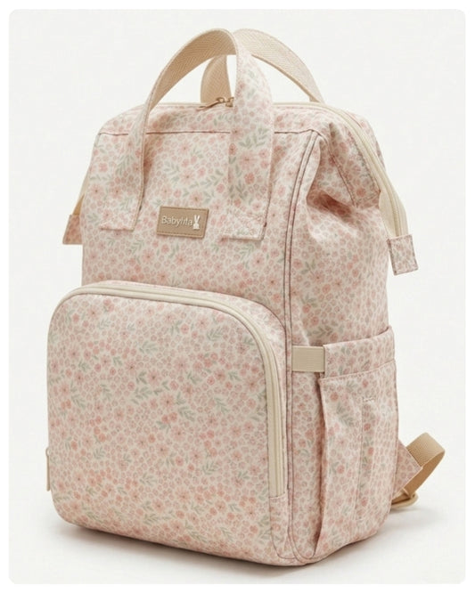 Mochila maternal flores rosadas