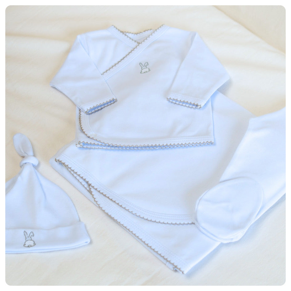 Conjunto algodón orgánico blanco picot beige 4 piezas