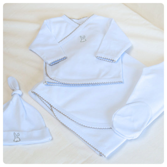 Conjunto algodón orgánico blanco picot beige 4 piezas