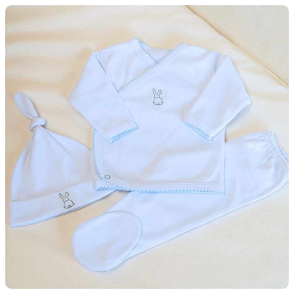 Conjunto algodón orgánico blanco picot celeste 3 piezas