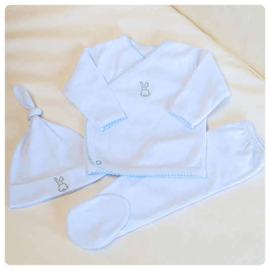 Conjunto algodón orgánico blanco picot celeste 3 piezas