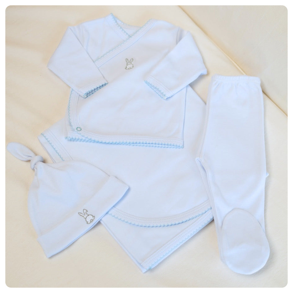 Conjunto algodón orgánico blanco picot celeste 4 piezas